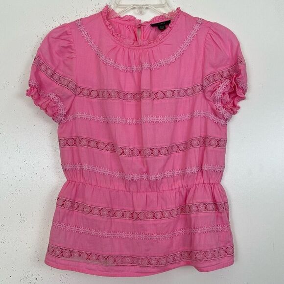 J. Crew Daisy Chain Peplum Top Pink XXS Crochet Ruffle Trim Blouse Short Sleeves - Picture 1 of 11